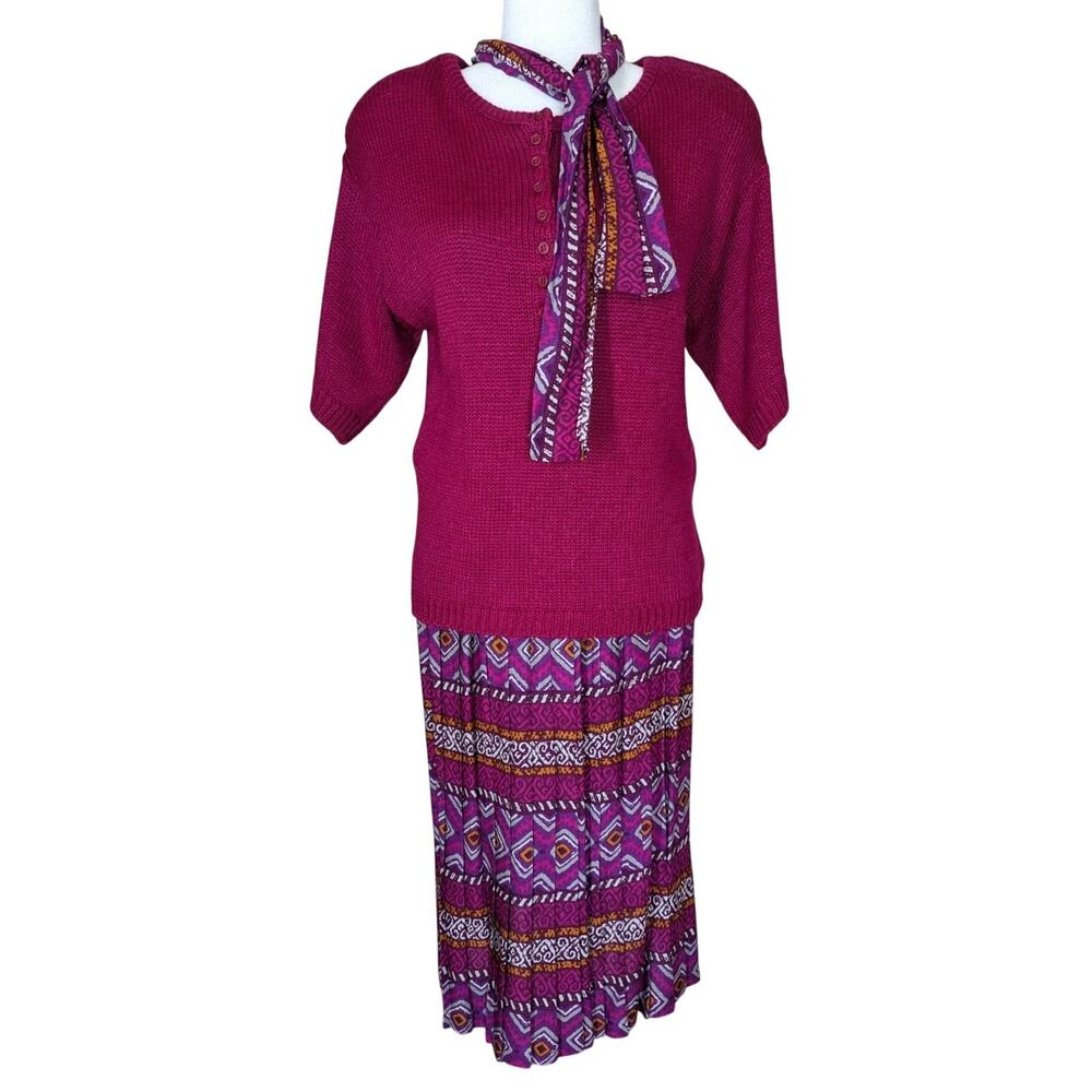 Vintage 3pc Alison J Sweater Skirt Scarf Set Pink Purple Small Petite USA Made